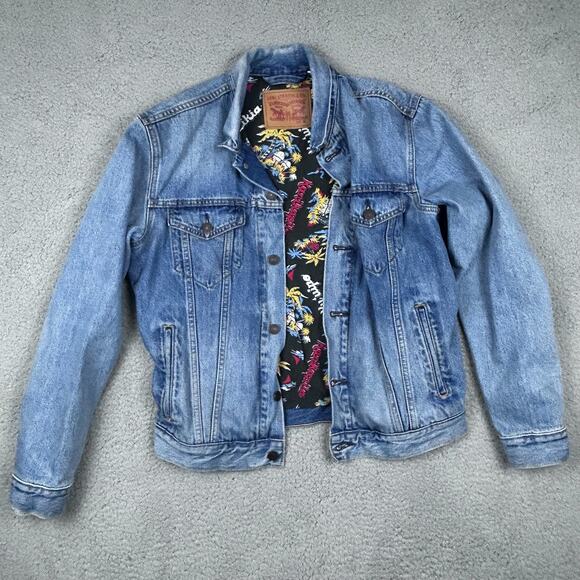 Levis Strauss & Co. Mens Trucker Jacket Size M Blue Hawaiian Style Liner Rare - Picture 3 of 14